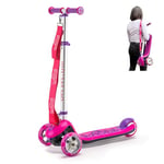 Trunki Folding 3 Wheel Kids Scooter for Girls with Tow and Carry Strap and Storage bag | Adjustable Handle Bar Height | Large Pink Scooter for Kids Ages 3-9 | (63x28x77-91cm)