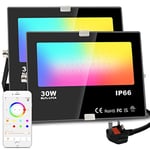 LED Floodlight 30W 3000LM, Smart RGB Flood Lights Outdoor with APP Control, Colour Changing + Warm White, Timing - Scene - Garden Lighting, IP66, UK Plug（2 Packs