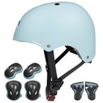 KORIMEFA Casque Vélo Enfant Set de Protection Roller pour Enfants Filles Garçons 3-13 Ans Casque Réglable Coudières Genouillère Protège-Poignets Protection Trottinette Skateboard (Bleu Clair, M)