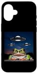 Coque pour iPhone 16 Costume de grenouille en peluche pour selfie, OVNI, étrange et heureuse grenouille