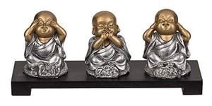 Out of the blue Polyresin figures on wooden bench, Buddha (see nothing evil, talk, hear) approx. 20 x 9 cm