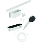 hansgrohe WallStoris - Ensemble d'accessoires pour la salle de bain sans percage 7 pièces, avec Pommeau de douche économie d'eau, Mitigeur thermostatique douche et Accessoires, Blanc mat, 24250700