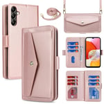 Zouzt for Samsung Galaxy A14 Wallet Case with Card Holder Samsung A14 Case with Lanyard Galaxy A14 Crossbody Strap Case A14 Purse Style with Adjustable Neck Cord Strap Shockproof Cover Women (Pink)