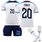 England 2022 VM Hemmatröja Foden #20 Fotbollströja T-shirt Shorts Kit Fotboll 3-delat set för barn och vuxna Kids 24(130-140cm)