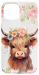 iPhone 15 Spring Baby Highland Cow Pastel Watercolor Floral Case Case