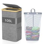 GLOWPOINT 105L Laundry Basket with Lid, Large Foldable Washing Basket with Removable Inner Bag, Water-resistant Oxford Laundry Hamper, Laundry Bin for Bedroom, Bathroom, Laundry Room,Grey