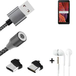 Data charging cable for + headphones Samsung Galaxy XCover 5 + USB type C a. Mic