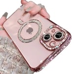 Rokmym Compatible avec Coque iPhone 15 Pro Max à Paillettes Diamant Glitter Magnétique Housse Transparente Mignon Etui de Protection Antichoc Mince Case pour Filles Femme iPhone 15 Pro Max -Rose