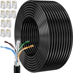 Cable Ethernet 50M,Cable Rj45 Blindé Cat 6 Gigabit Câble Réseau Extérieur Anti-Brouillage Résistant Aux Intempéries Ftp 23Awg Cable Internet Noir 50 Mètres