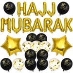 HAJJ MUBARAK bokstäver latexballonger dekorativa festliga bakgrundslayout ballonger set för Eid Al-Fitr (svart och guld)  (FMY) 25*25*30cm