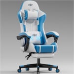 HLONONE Chaise Gaming Massante, Siège de Bureau réglable, Chaise Gamer avec Coussin Lombaire Massant et Repose-Pieds, Blanc et Bleu