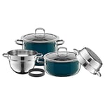 Silit Lot de 4 casseroles compactes pour induction avec couvercle en verre - Céramique fonctionnelle Silargan - Sans nickel - Bleu pétrole