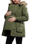 Maacie Manteau de maternité 3 en 1 pour femme, vêtement d'extérieur épais doublé en polaire, manteau d'hiver chaud à capuche, vert militaire, XXL