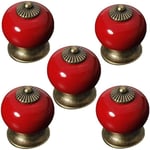 Lot de 5 boutons ronds en céramique pour porte de placard ou tiroir - Poignée en porcelaine - Style maison de campagne - Rouge