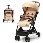 COSTWAY Poussette Canne Bébé 0-3 Ans(Charge 15 kg) avec Dossier & Repose-pieds Réglables, Pliable à une Main, Compact et Légère Voyage avec Auvent & Moustiquaire, Roues Antidérapants (Beige)