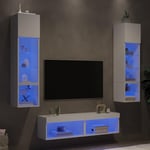 Tv-møbel til væg 6 dele med LED-lys konstrueret træ hvid