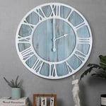 HAITANG Horloge Murale Ronde en Bois Moderne rétro Bleu 60 cm Chiffres Romains décor de Salon, légère Tique Horloge Murale décor à la Maison Jardin Bureau café décor de Chambre- 60 cm