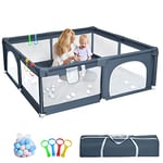 YIFOV Baby Playpen for Babies and Toddlers, Safety Play Yard with Anti-Collision Foam and Breathable Mesh, Indoor Kids Activity Center, Including 50 Ocean Balls y 4 Pull Rings (150x180CM)