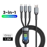 Câble de charge rapide USB vers Type-C,3 en 1,100W,5A,Micro Fast Charger,iPhone 14,13,Samsung,Xiaomi,Huawei,iPhone 14,13 - Type Grey 1.2M-Grey 1.2M