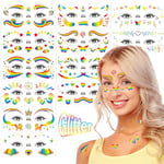 Qpout 12 Sheets Glitter Rainbow Face Temporary Tattoos Butterfly Heart Star Pride Flag Flash Body Art Eye Makeup Fake Tattoos Stickers for Kids Adults Birthday Party Pride Equality Parades