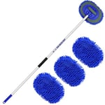 160cm 63" Brosse Lavage Voiture Manche Telescopique Balai Nettoyage Camion Microfibre Kit Pinceau Camping Car Caravane 2 en 1 Produit Auto Brise Exterieur Intérieur Mop (3 Tête de Remplacement)