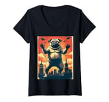 Womens Pugzilla Funny Giant Pug Dog Retro Movie Design V-Neck T-Shirt