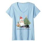 Womens All Booked for Christmas Ghost Santa Christmas Book Tree V-Neck T-Shirt