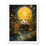 Artery8 Harvest Moon Panda Landscape Oil Painting Panda Bear in a Wildflower Meadow with Flowing Stream Kids Bedroom Artwork Framed Wall Art Print 18X24 Inch