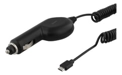 DELTACO billader med Micro USB, 1A, 12-24V, 1m spiralkabel, svart