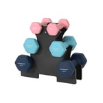 Hex hantlar set med stativ - 2 x 1 kg, 2 x 2 kg, 2 x 3 kg, matt neoprenfinish, handvikter för hemmaträning, rosa, aqua och blå SYL612MK