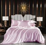 Luofanfei Housse de Couette 140x200 4 Piece Rose poudré Satin Parure de lit Unie Adulte 2 Personne Ensemble Literie Modern Uni Linge de Lit avec Fermeture éclair et 2X 65x65cm Taies d'oreiller