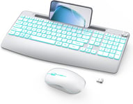 Clavier Souris sans Fil,Clavier Rétroéclairé sans Fil avec Support pour Phone,Clavier Souris sans Fil Rechargeable avec Repose-Poignets,pour PC,Mac,Windows-Blanc Argent