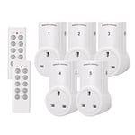 HBN Remote Control Plug Socket,13A/3120W Wireless Light Switch 30M/100ft Operating Range for Household Appliances,5 Pack Sockets and 2 Remotes