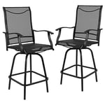 Flash Furniture Valerie Patio Bar Height Stools Set of 2, All-Weather Textilene Swivel Patio Stools with High Back and Armrests in Black