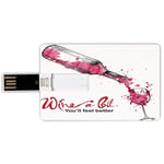 32G USB Flash Drives Credit Card Shape Wine Memory Stick Bank Card Style Wine a Bit You Feel Better Inspirational Quote Bottle Pouring Sketch Art,Pink Dark Coral Black Waterproof Pen Thumb Lovely Jump