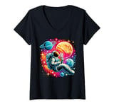 Womens Colorful Galaxy Astronaut eating tasty Ice cream V-Neck T-Shirt