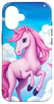 iPhone 16 Pink Unicorn with Clouds and a Bright Rainbow Case