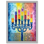 Jewish Menorah Candles Multicolour Folk Art Watercolour Painting Artwork Framed A3 Wall Art Print