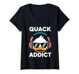 Womens Quack Addict Cool Duck Headphones Fun V-Neck T-Shirt