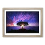 Big Box Art Lone Tree Beneath a Purple Sunset in Abstract Framed Wall Art Picture Print Ready to Hang, Oak A2 (62 x 45 cm)