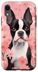 Coque pour iPhone XR Boston Terrier et fleurs de cerisier roses en rose