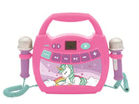 Lexibook-MP320UNIZ Lexibook Licorne-Lecteur Musical karaoké Portable pour Enfants – Micros, Effets Lumineux, Bluetooth, Enregistrement/Changement de Voix, Batterie Rechargeable, MP320UNIZ, Rose/Bleu, Taille unique