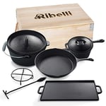 Ribelli 7 pièces Ensemble de Cuisson, Four Hollandais, Set BBQ dans Boîte en Bois, Casserole en Fonte