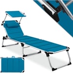 Bain de soleil sun avec toit Chaise longue de jardin pliable Toit solaire Dossier réglable ergonomique surface de couchage rembourrée Bleu pétrole