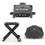 Bundle of Ninja Woodfire Electric BBQ Grill & Smoker, 7-in-1 Outdoor Barbecue Grill & Air Fryer OG701UK + Official Folding Grill Stand + Official Water Resistant Grill Cover Anti-Fade