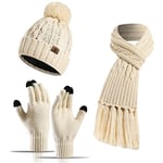 INSISMY Écharpe Chapeau Gants Ensemble Bonnet Femme Cache-Cou Longue Écharpe et Gants Thermique Écran Tactile Ensemble 3 PCS Hiver Tricoté Pom Bonnet Ensemble Unisexe Mélangé Tricot