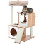 Arbre à Chat en Bois, Tour de Jeux pour Chats avec Double Condos Douillets, Perchoir Moelleux, Griffoir Robuste, Poteaux en sisal & Pompons