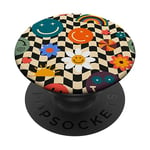 Aesthetic Checker Retro Groovy Flowers in Cream Peach colors PopSockets PopGrip Adhésif