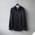 Women'S Shirt Women'S Satin White Shirt Oversize Long Sleeve Button Up Office Blouse Shirt Elegant Black Green Casual Shirts Women Summer-Black_M