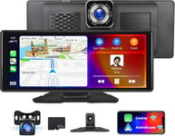 Autoradio sans Fil à écran tactile de 10,26 Pouces Apple Carplay Android Auto avec Dash Cam 4K, Autoradio Portable avec AirPlay/Bluetooth/GPS/WiFi/AUX, Siri, Google+AHD Caméra de recul